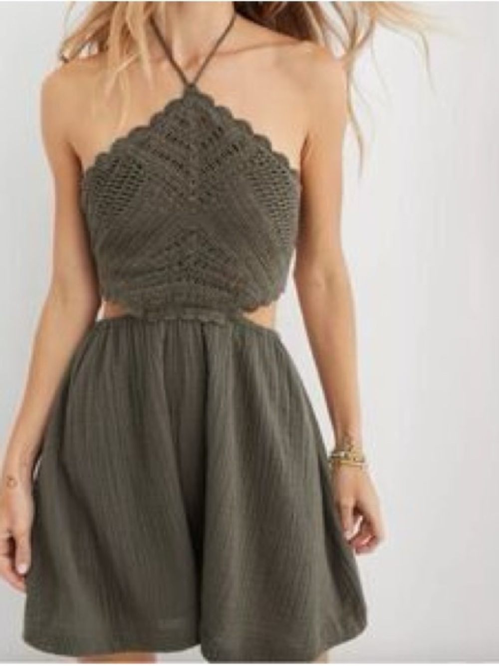 Aerie Olive Crochet Halter Minidress - Small